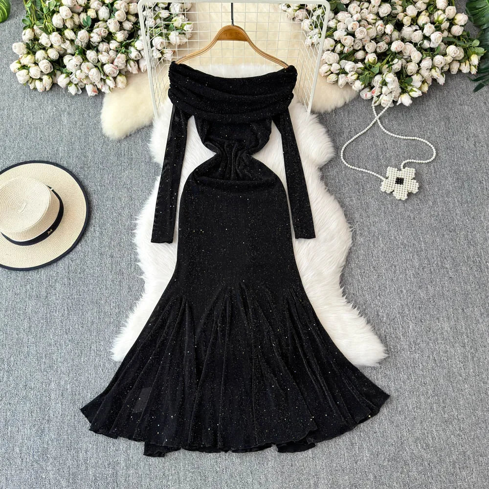 Glitter Sequin Slash Neck Mermaid Long Dress