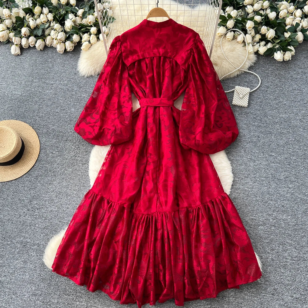 Lace Lantern Sleeve Ruched Dress