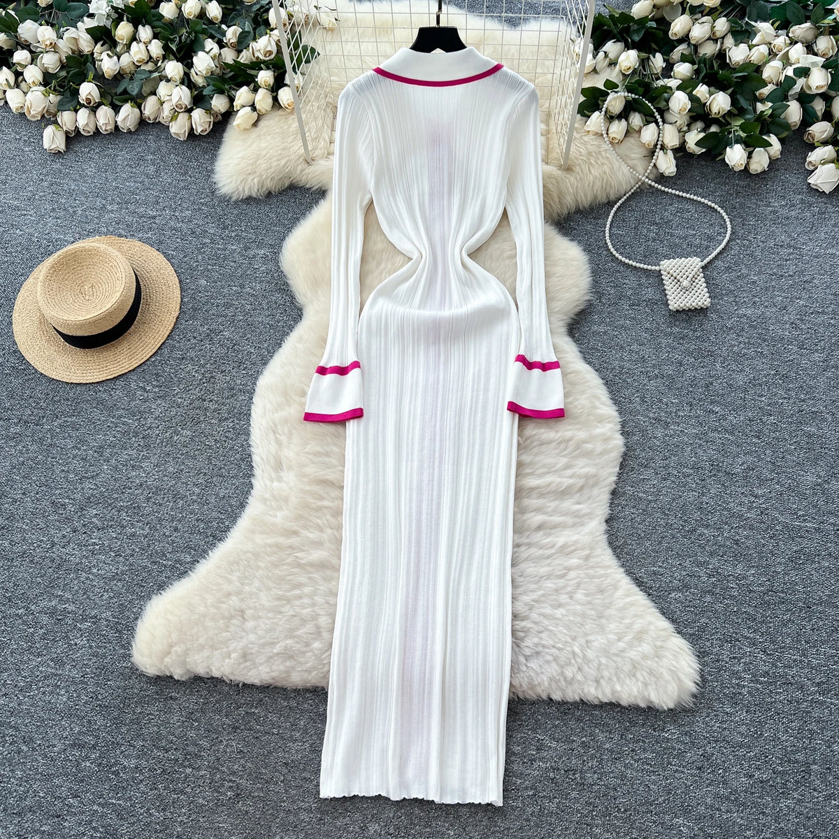 Single Breasted Polo Collar Long Sleeve Dress