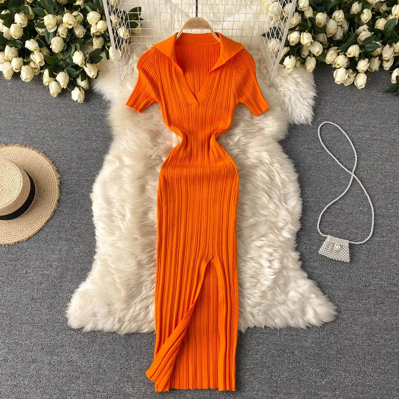 Striped Knit Collared Wrap Bodycon Dress