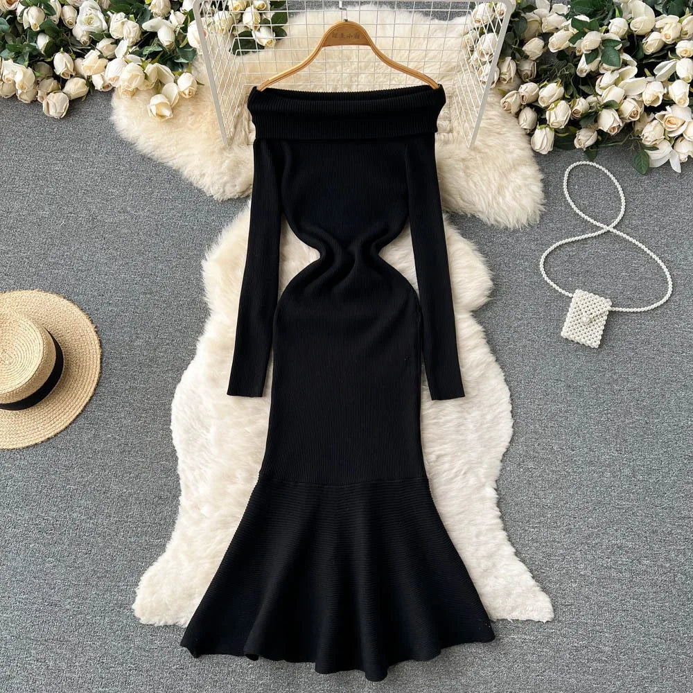 Off-Shoulder Long Sleeve Knit Mermaid Dress