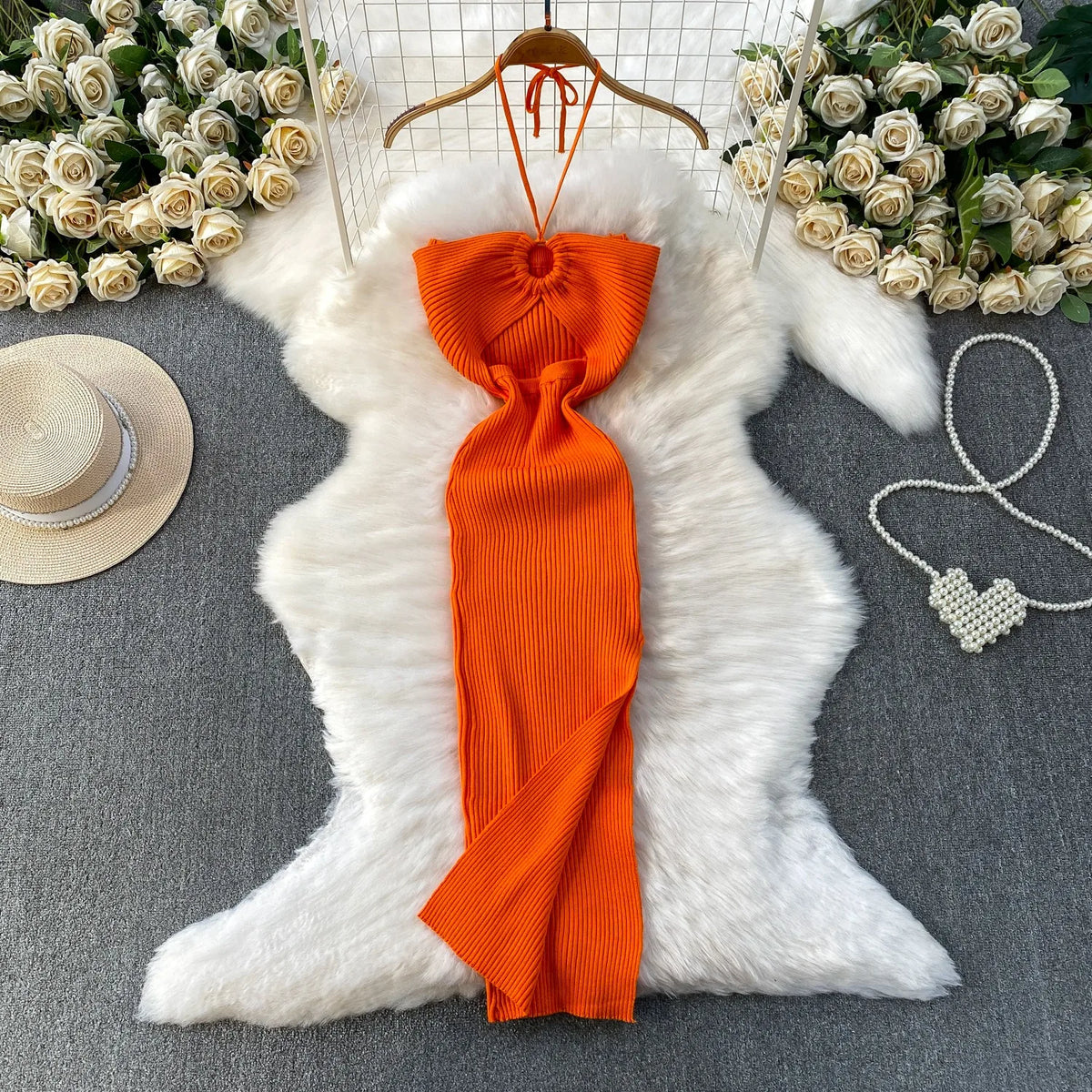 Halter Split Knit Bodycon Maxi Dress