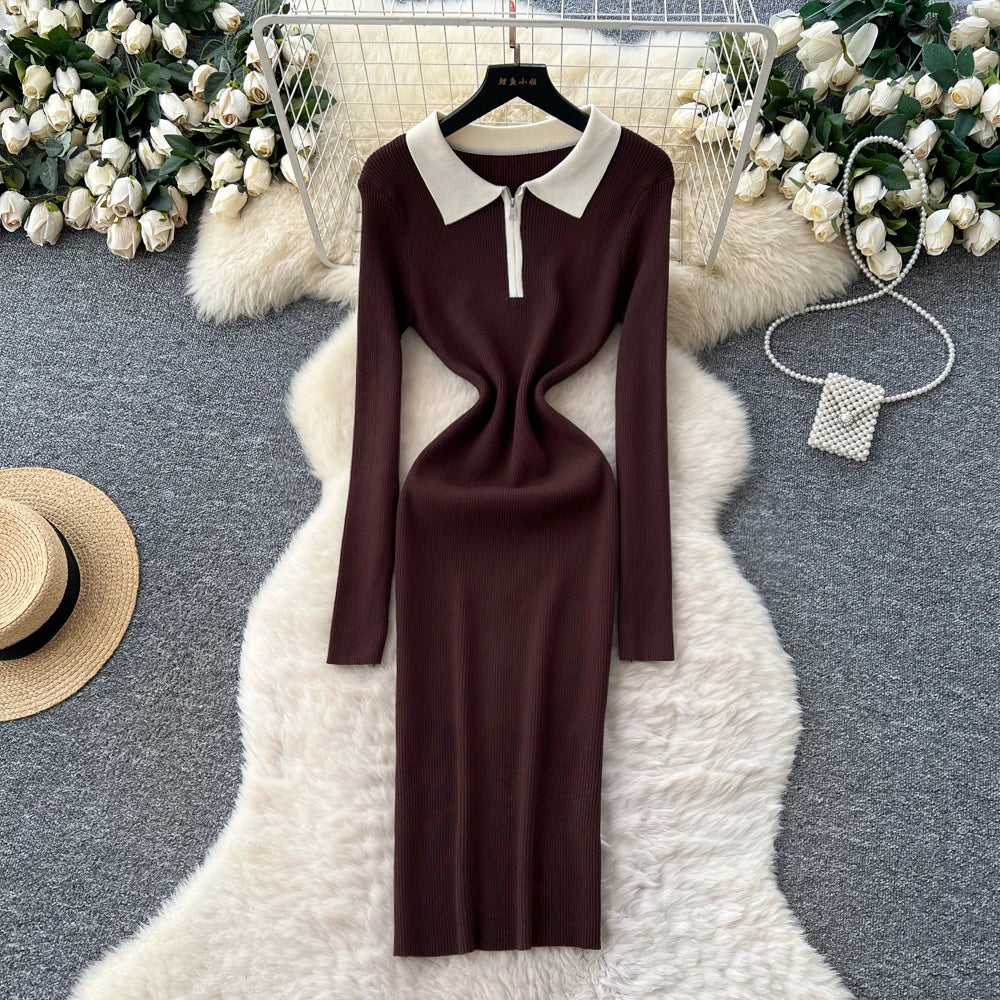 Ruched Zip Long Sleeve Dress