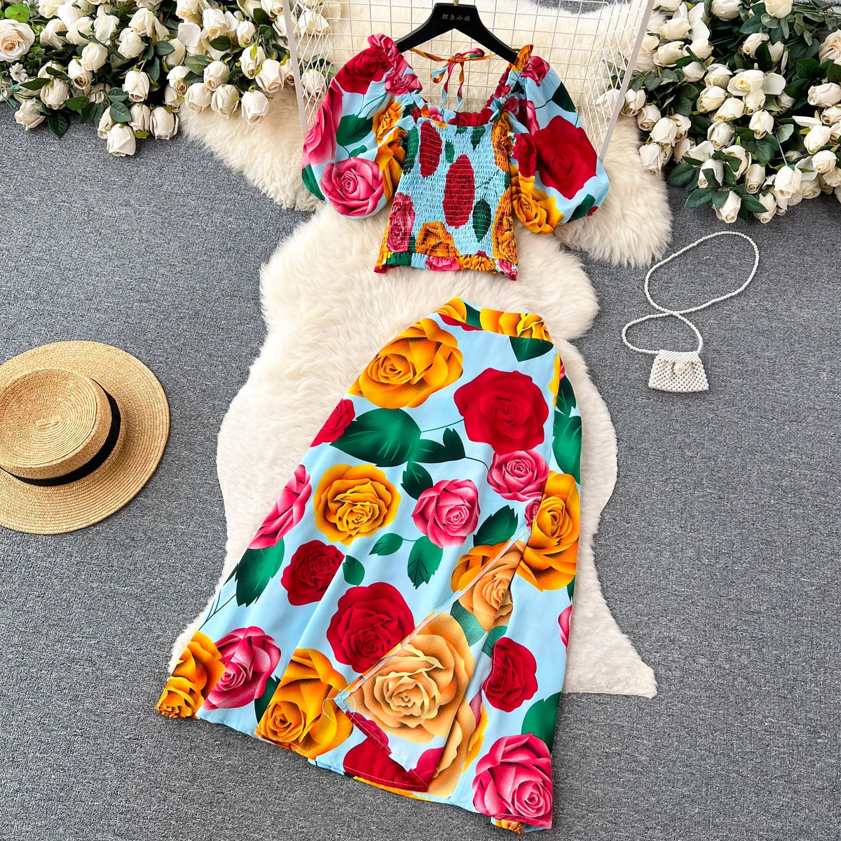 Floral Crop Top And Split Skirt Set