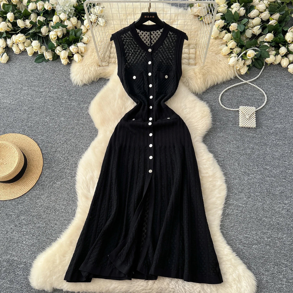 Crochet Knit V-Neck Sleeveless Long Dress