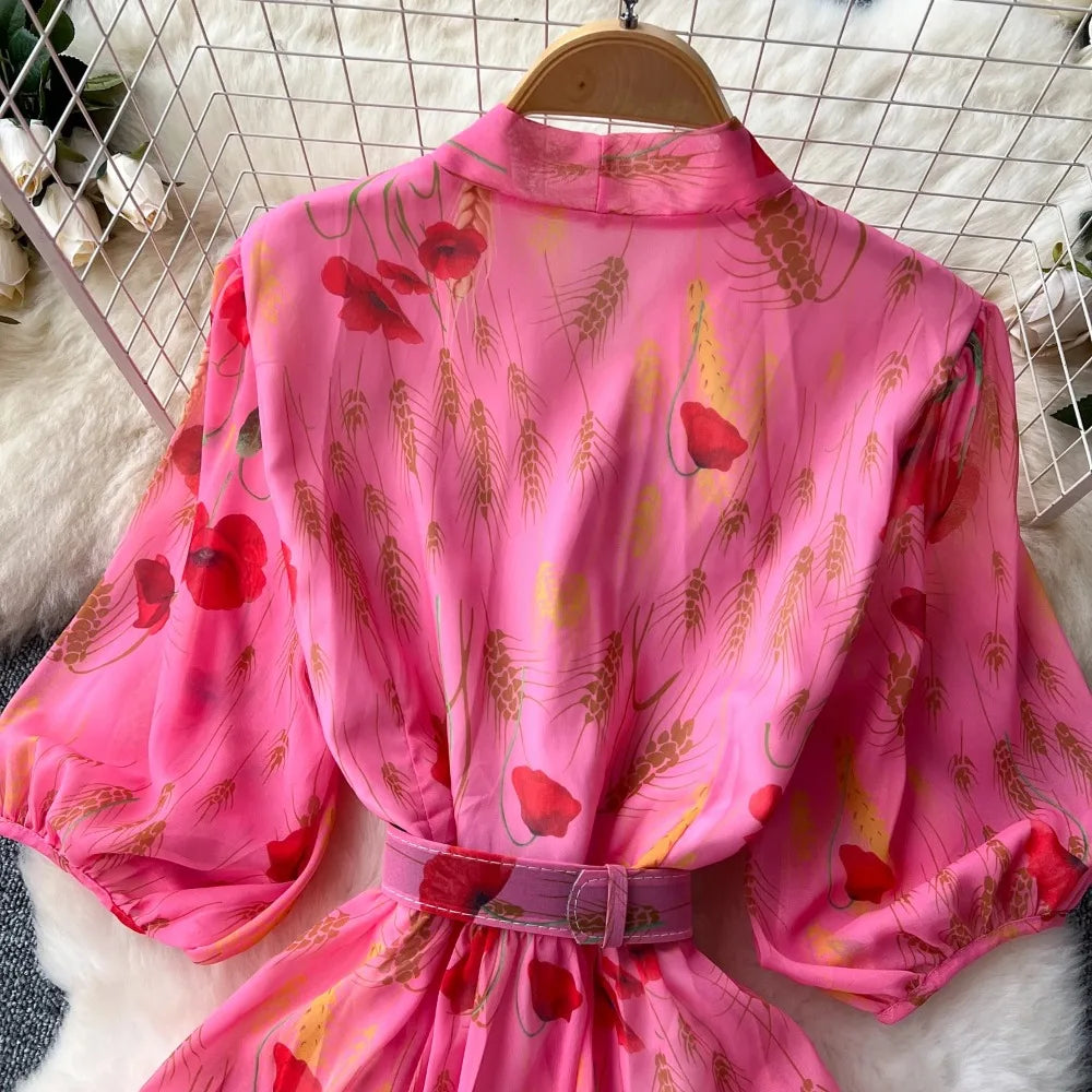 Vintage Print Bow Puff Sleeve Ruffle Dress