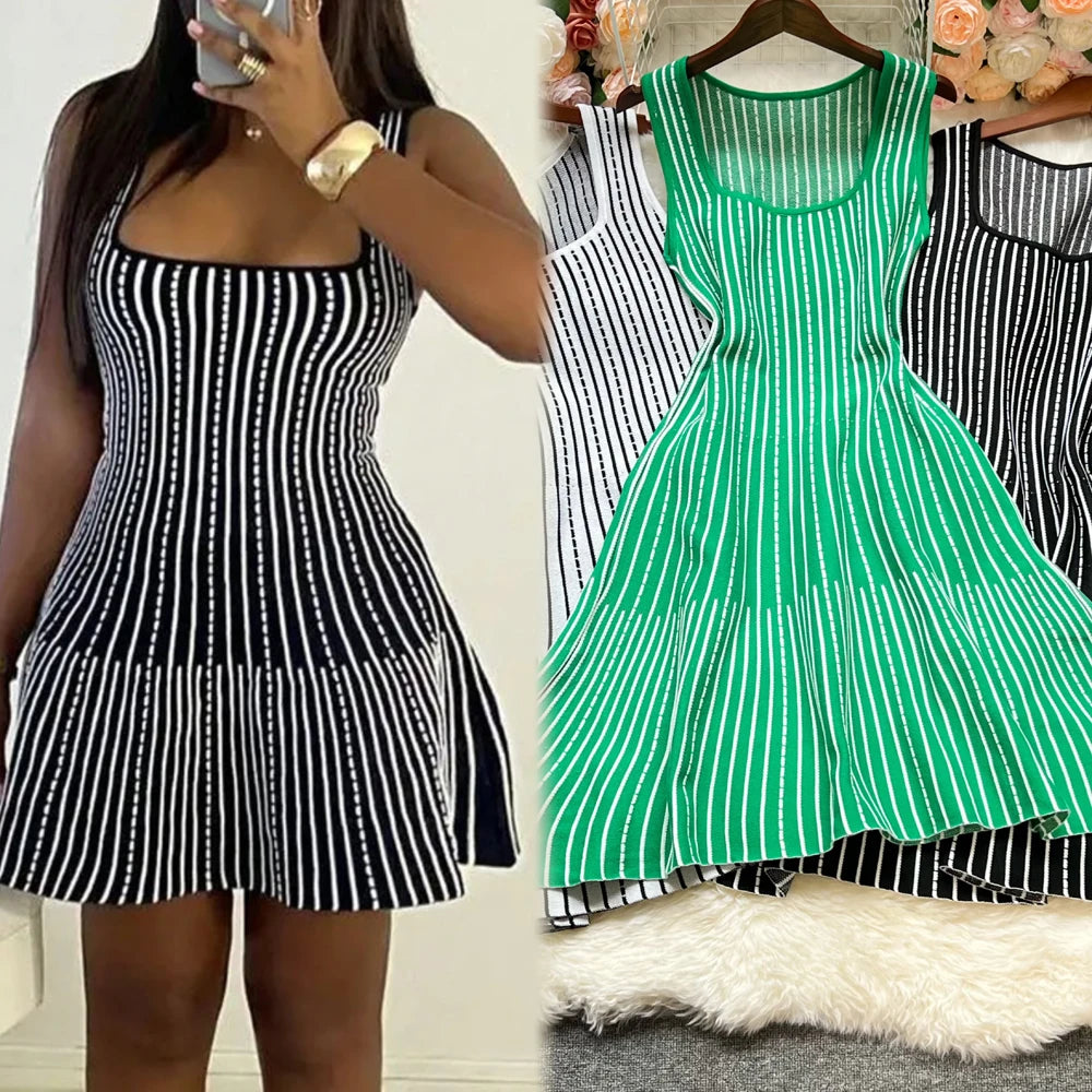 Striped Slim Waist Knit Mini Dress