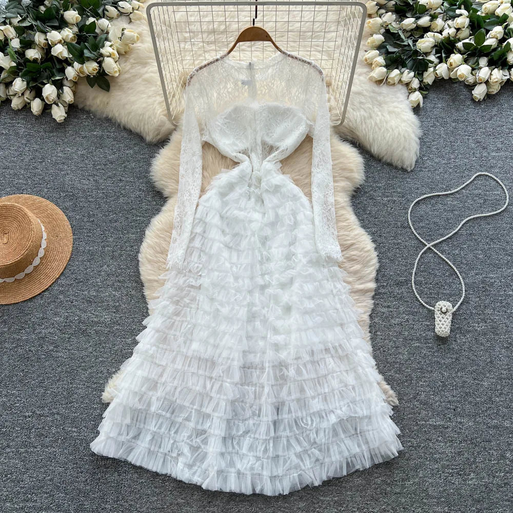 Mesh Lace Spliced Long Sleeve Dress
