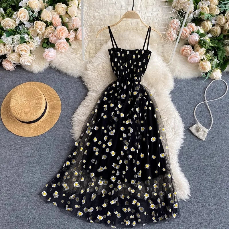 Floral Mesh Spaghetti Strap Party Dress