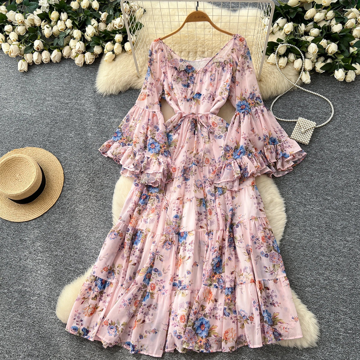 Pleated Print Flare Sleeve Long Dress