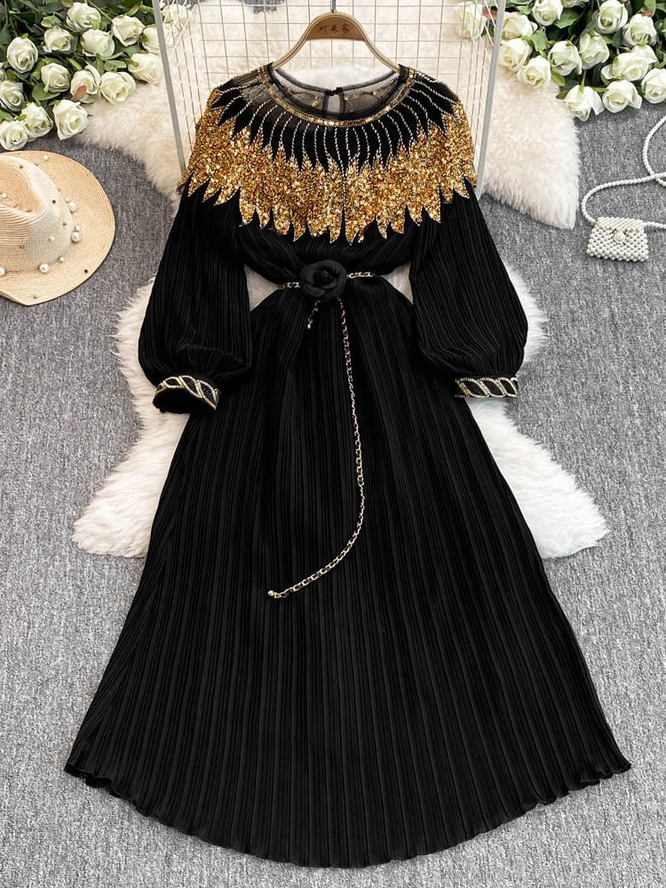 Rhinestone Lace-Up Lantern Sleeve Dress
