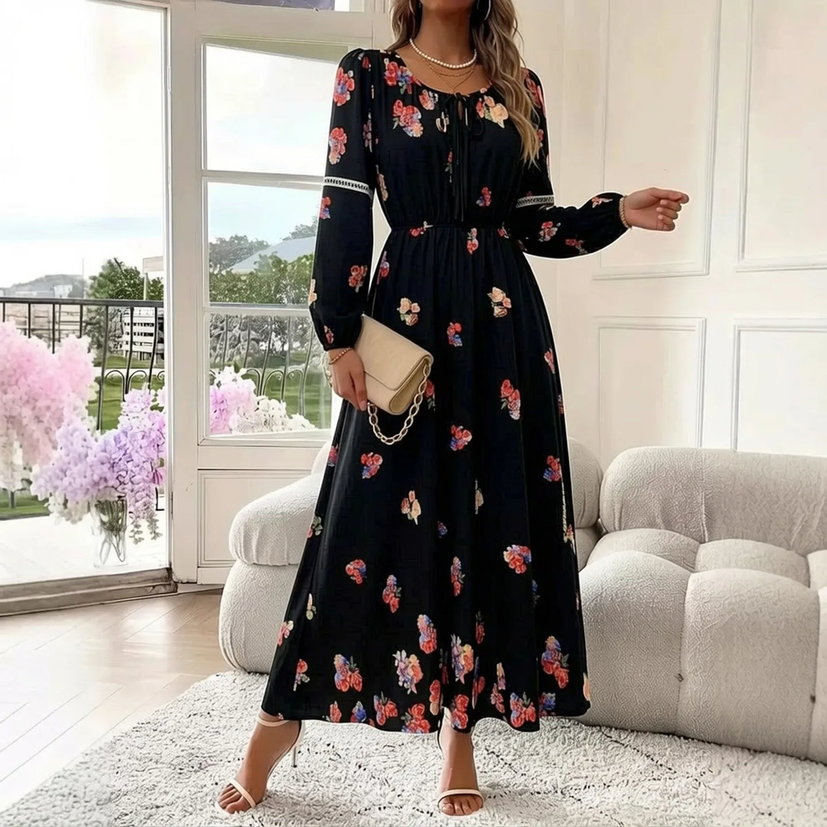 Floral Long Sleeve A-Line Maxi Dress