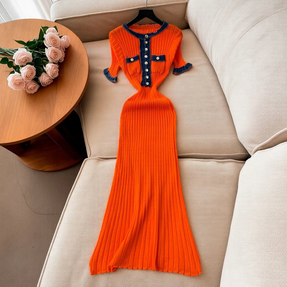 Patchwork Knit Bodycon Maxi Dress