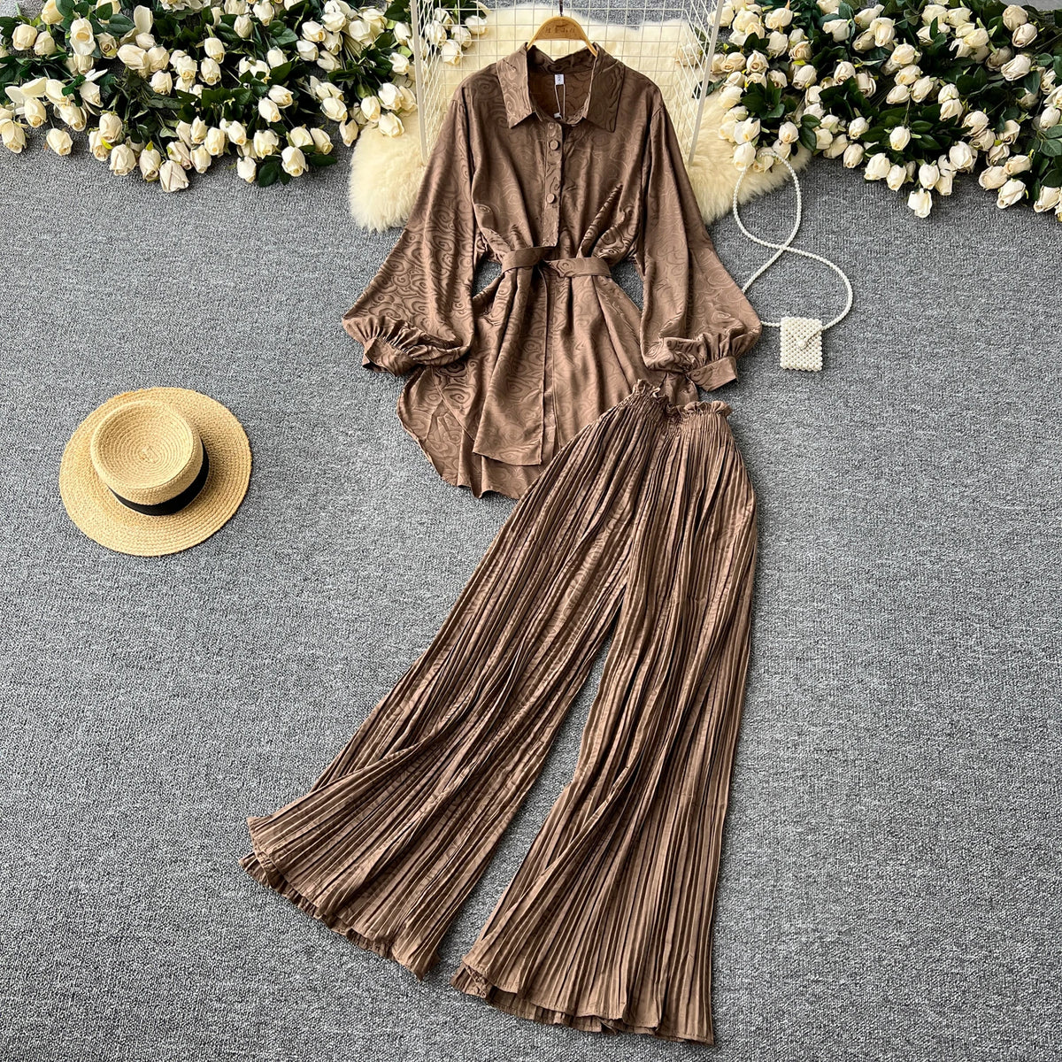 Print Pleated Top and Wide Leg Pants Set