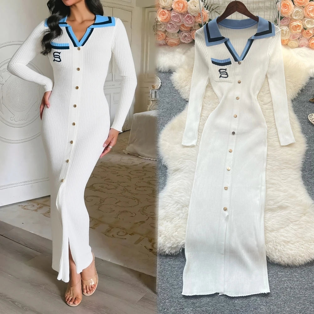 Embroidered Knit Party Sweater Dress