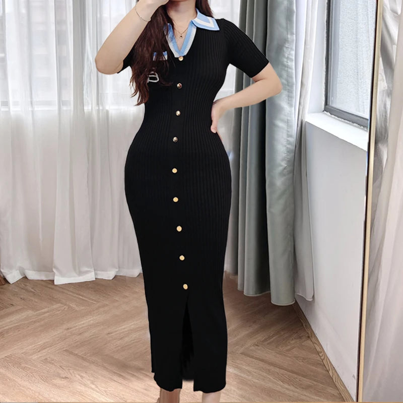 Notched Collar Rib Knit Maxi Dress