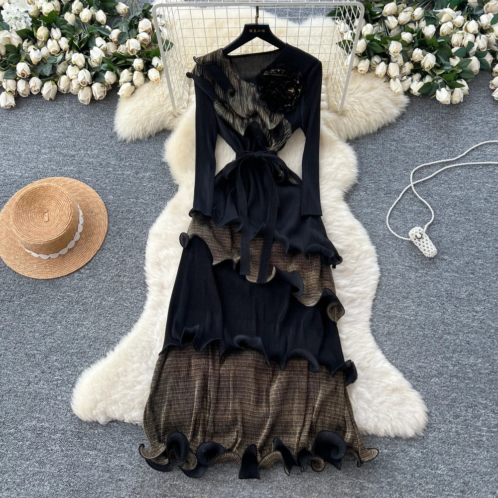 3D Ruffle High Waist Long Sleeve Dress