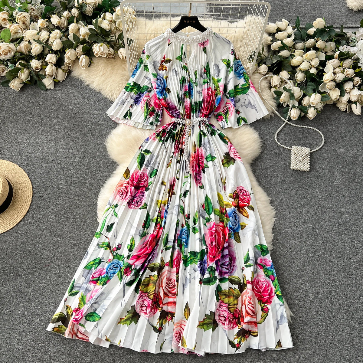 Beaded Print Pleated A-Line Dress