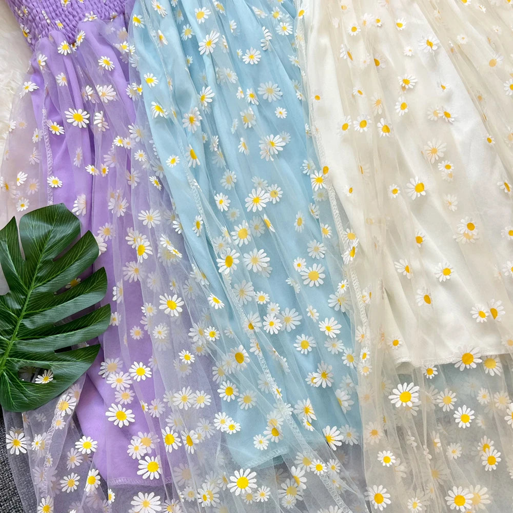 Daisy Print Layered Mesh Maxi Dress
