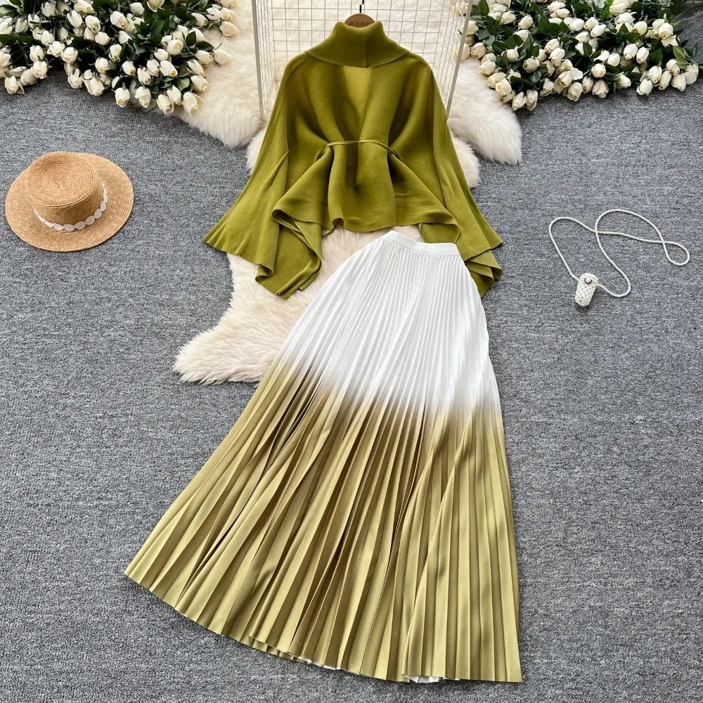 Gradient Bandage Top and Pleated Skirt Set
