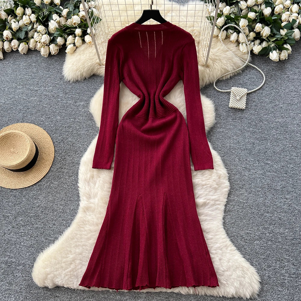 V-Neck Long Sleeve High Waist A-Line Dress