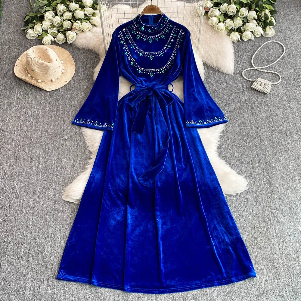 Rhinestone Stand Collar Flare Sleeve Bandage Dress