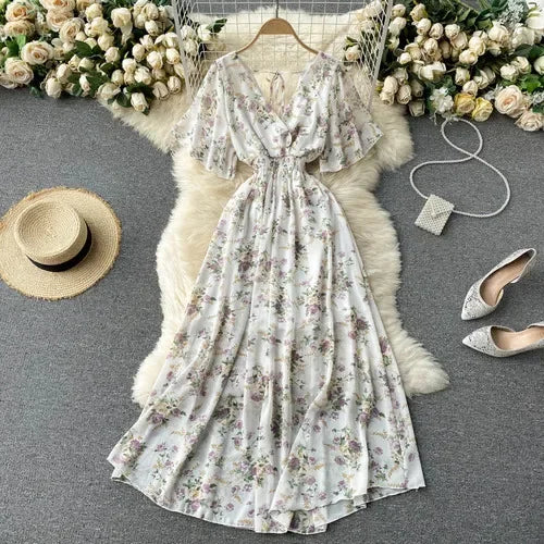 Floral Ruffle Chiffon V-Neck Midi Dress