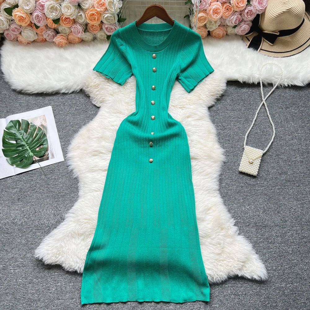 Button Front Knit Bodycon Maxi Dress
