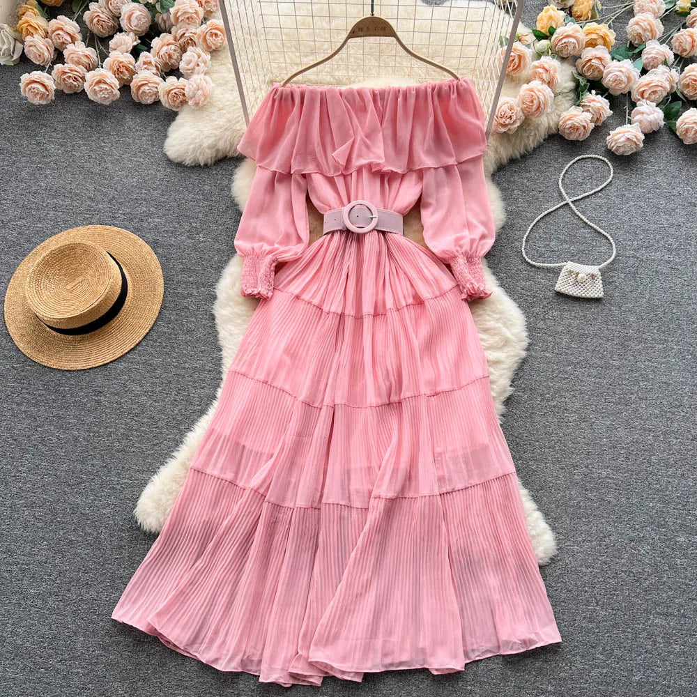 Off-Shoulder Pleated Long Sleeve Sundress