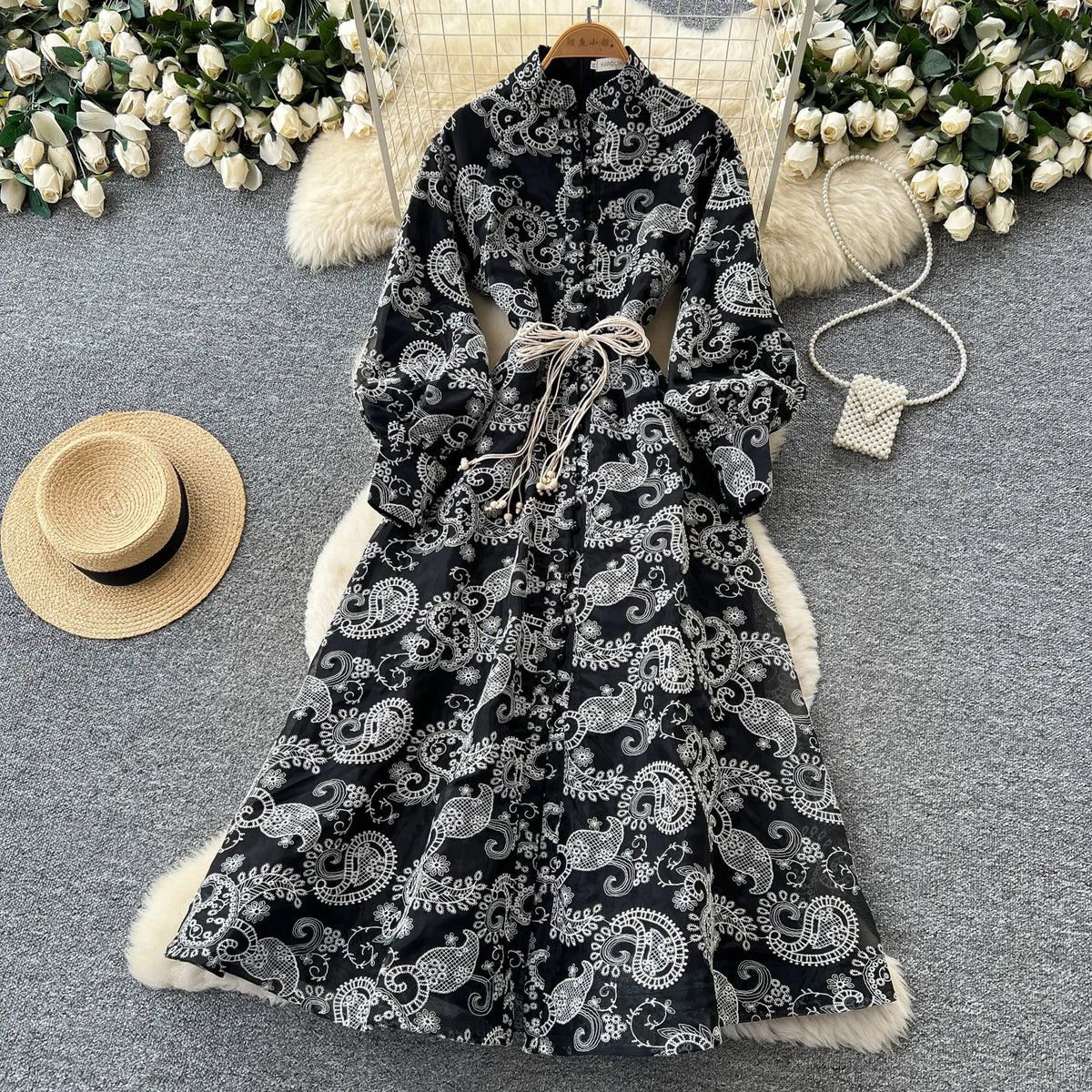 Embroidered Tie Waist Lantern Sleeve Maxi Dress