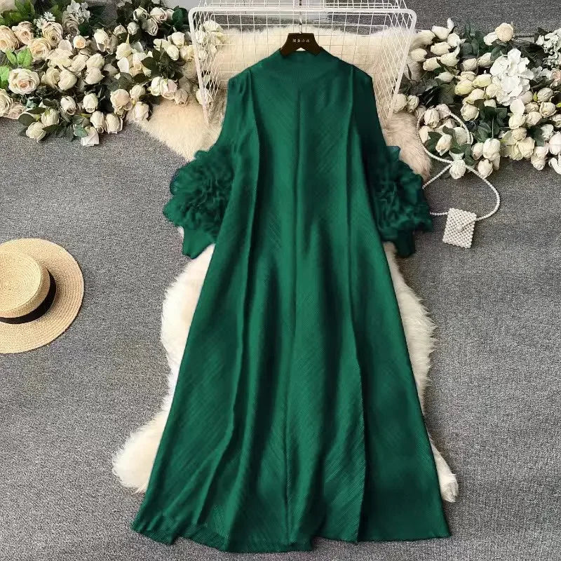 Pleated 3D Flower Loose Long Dress