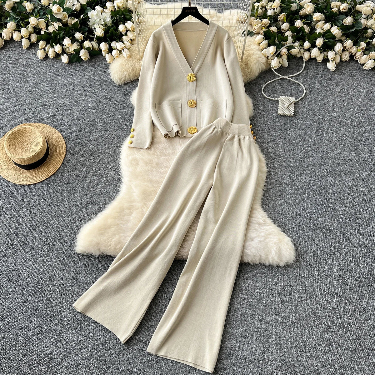 Sequin Button Knit Crop Top and Pants Set