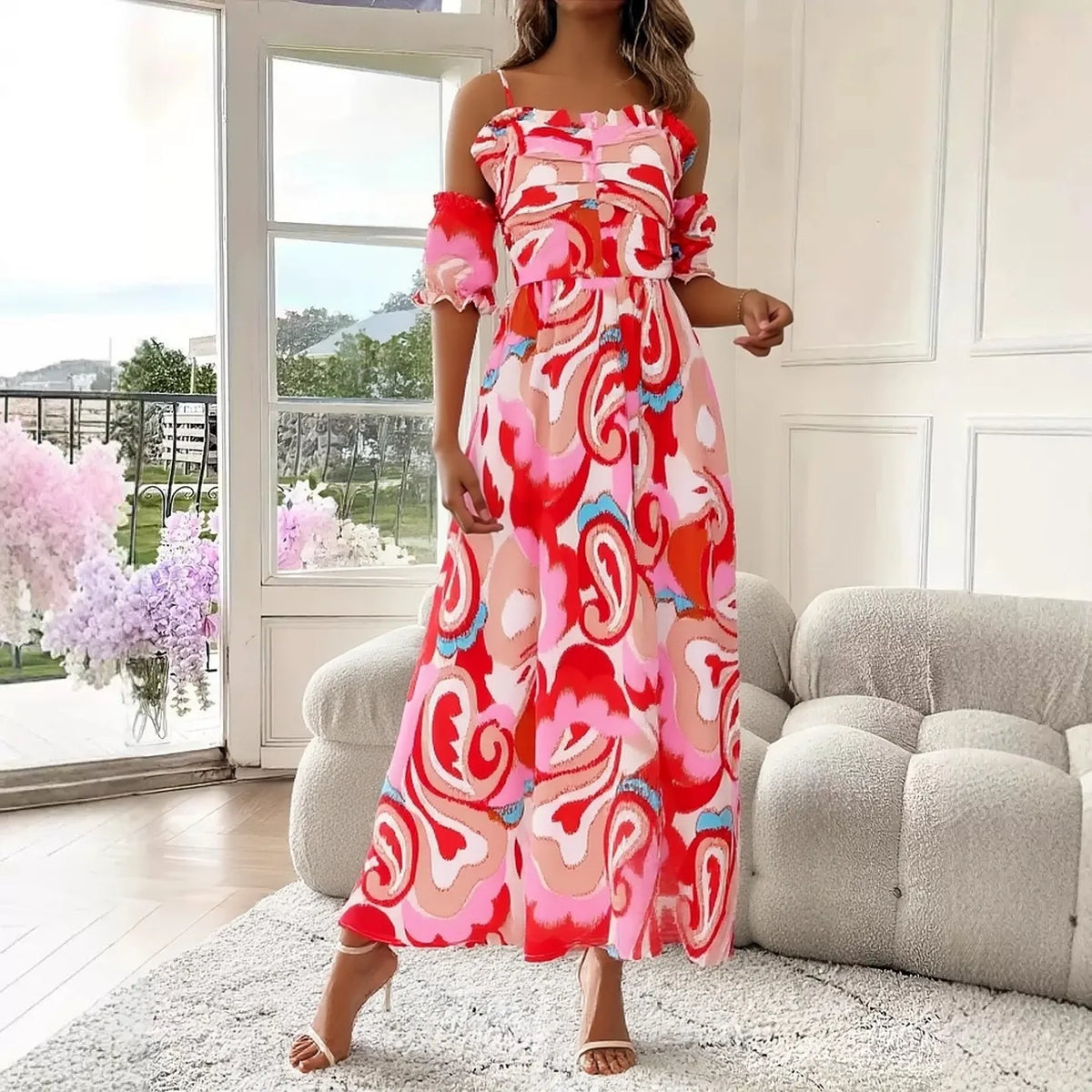 Off-Shoulder Print Maxi Summer Dress