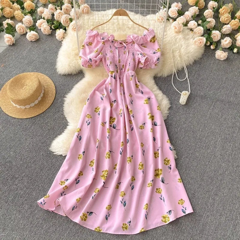 Floral Off-Shoulder Puff Sleeve Maxi Dress