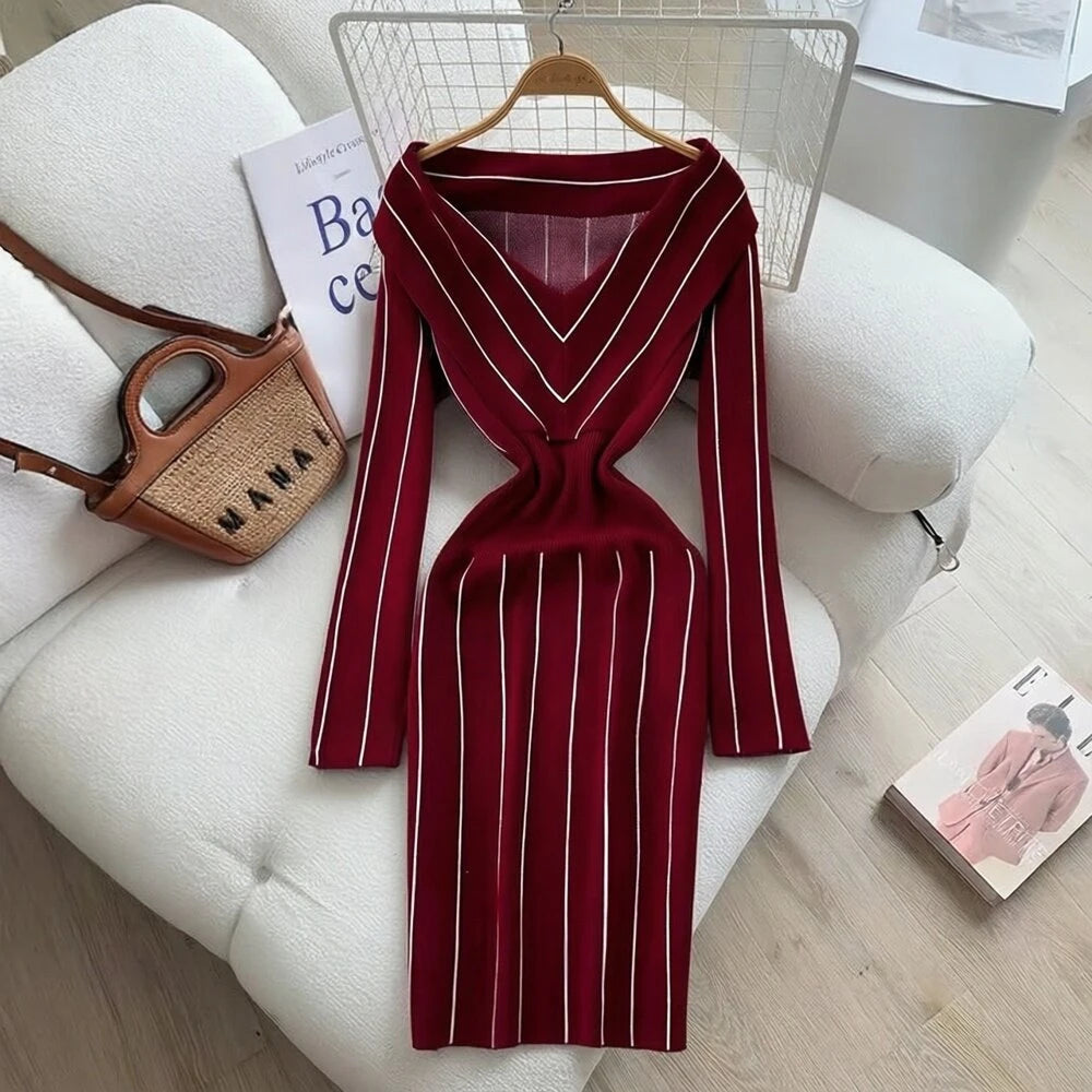 V-Neck Long Sleeve Knit Bodycon Dress