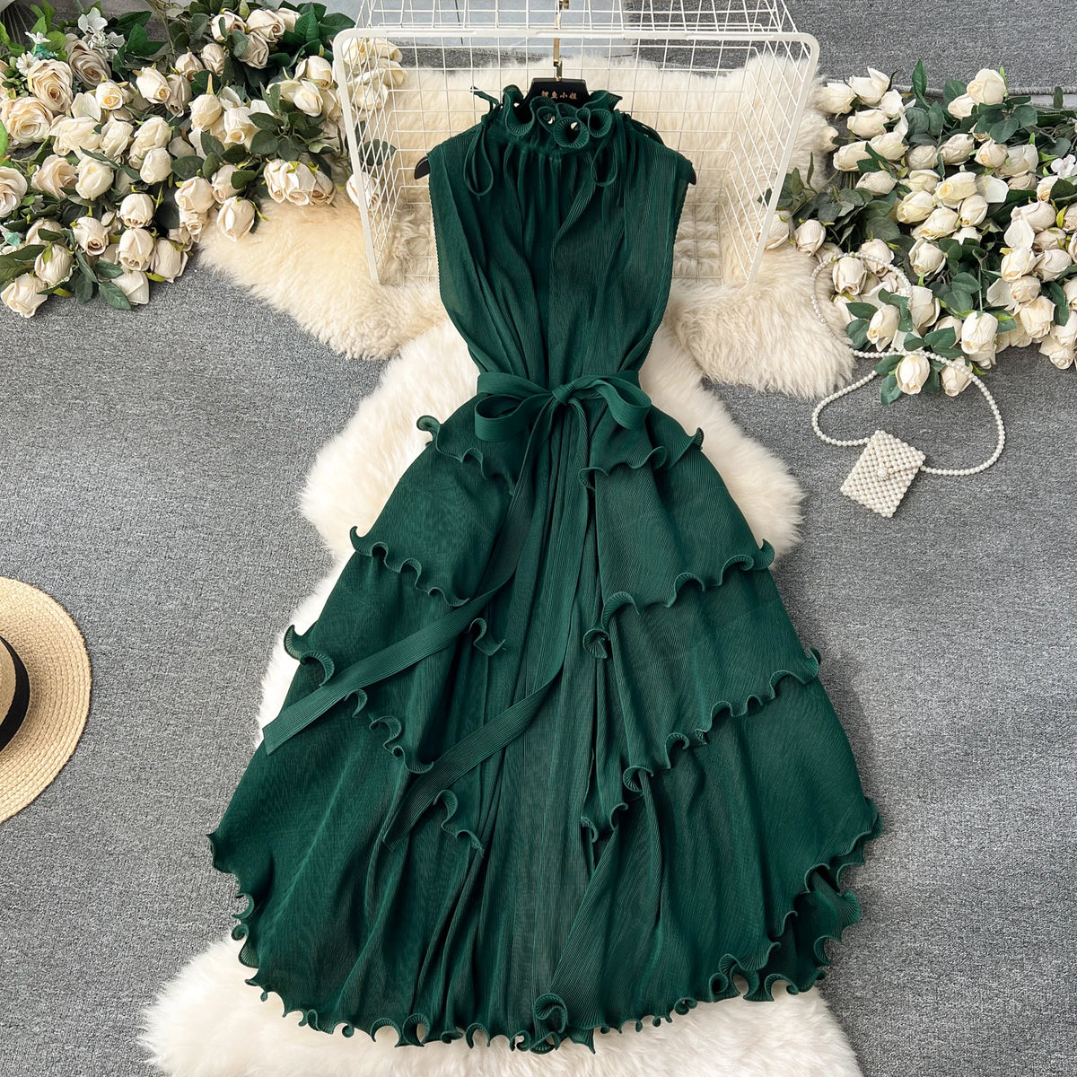 Ruffle Trim Stand Collar Chiffon Long Dress