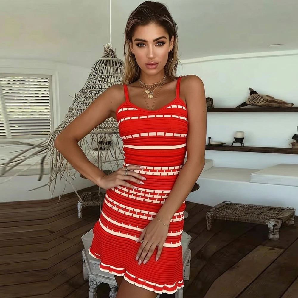 Striped Ruffled Knit Spaghetti Strap Mini Dress