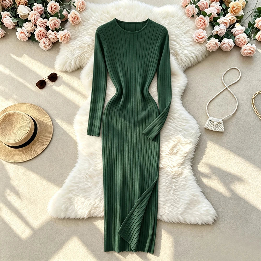 Black Ribbed Long Sleeve Sweater Dress