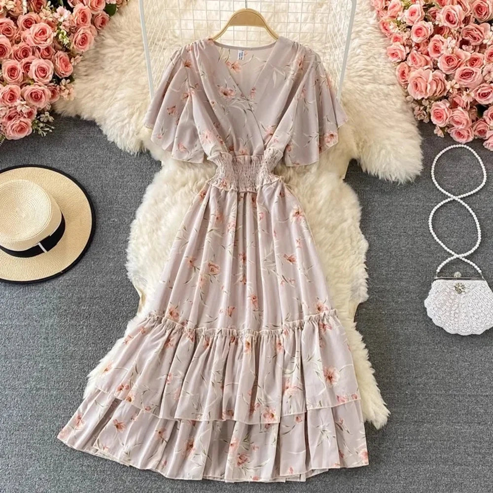 Floral Chiffon Short Sleeve Maxi Dress