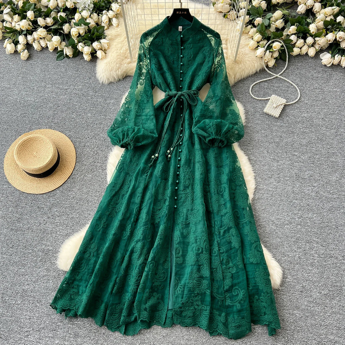 Print Drawstring Lantern Sleeve Maxi Dress
