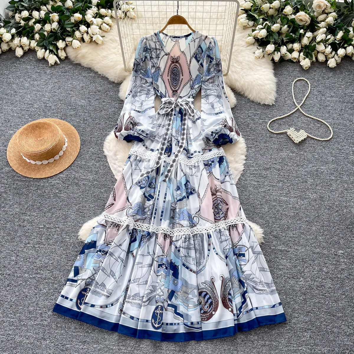 Print Cutout Pleated Swing Maxi Dress