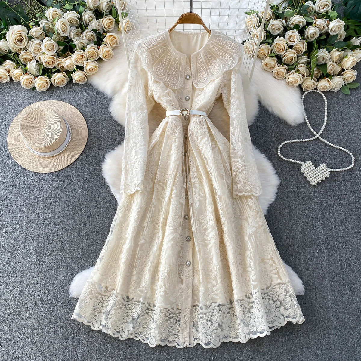 Peter Pan Collar Button Long Sleeve Maxi Dress
