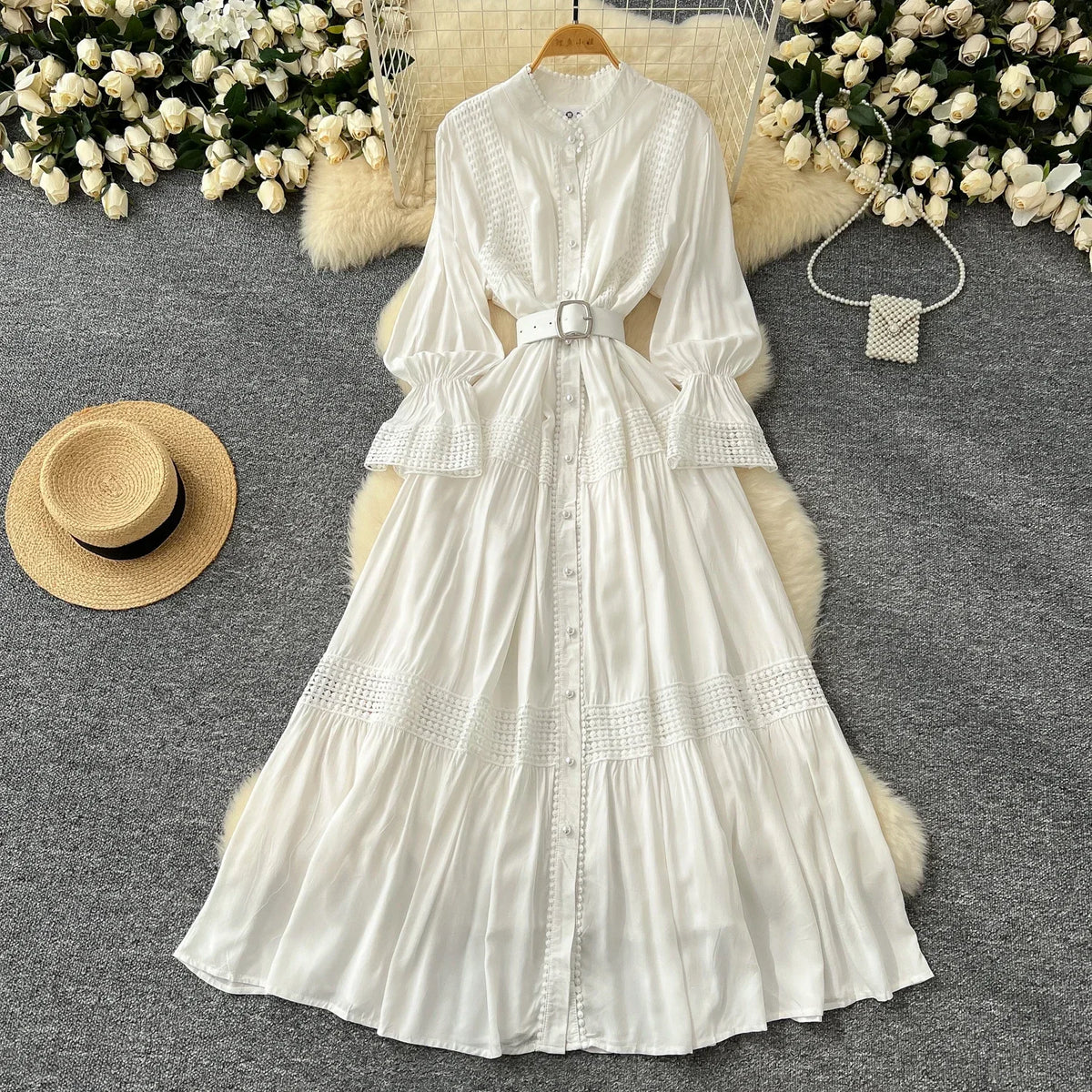 Lace Stand Collar Button Long Sleeve Dress