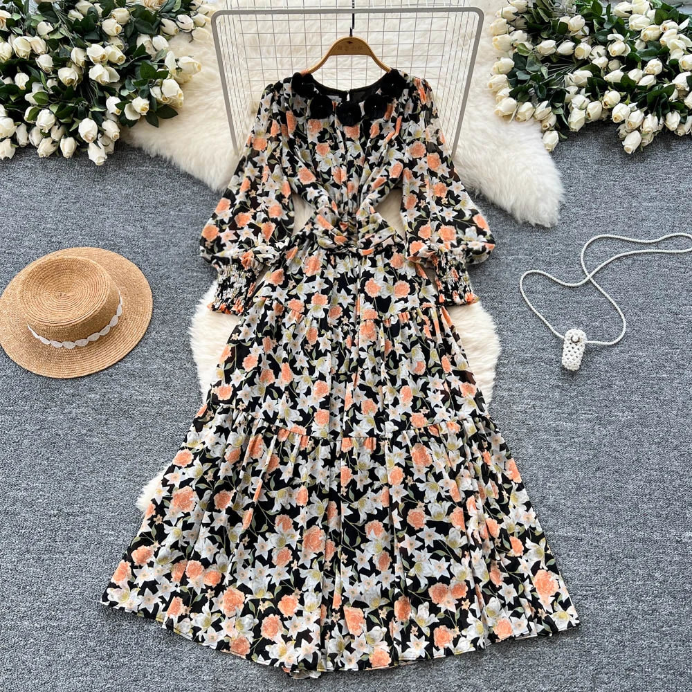 Print Lantern Sleeve High Waist Beach Dress