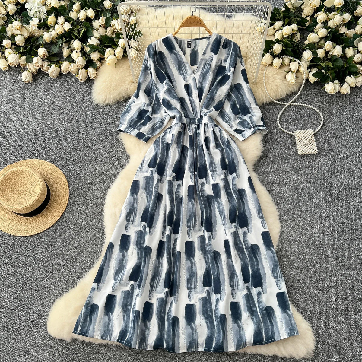 Print Pleated Lace-Up V-Neck Sundress