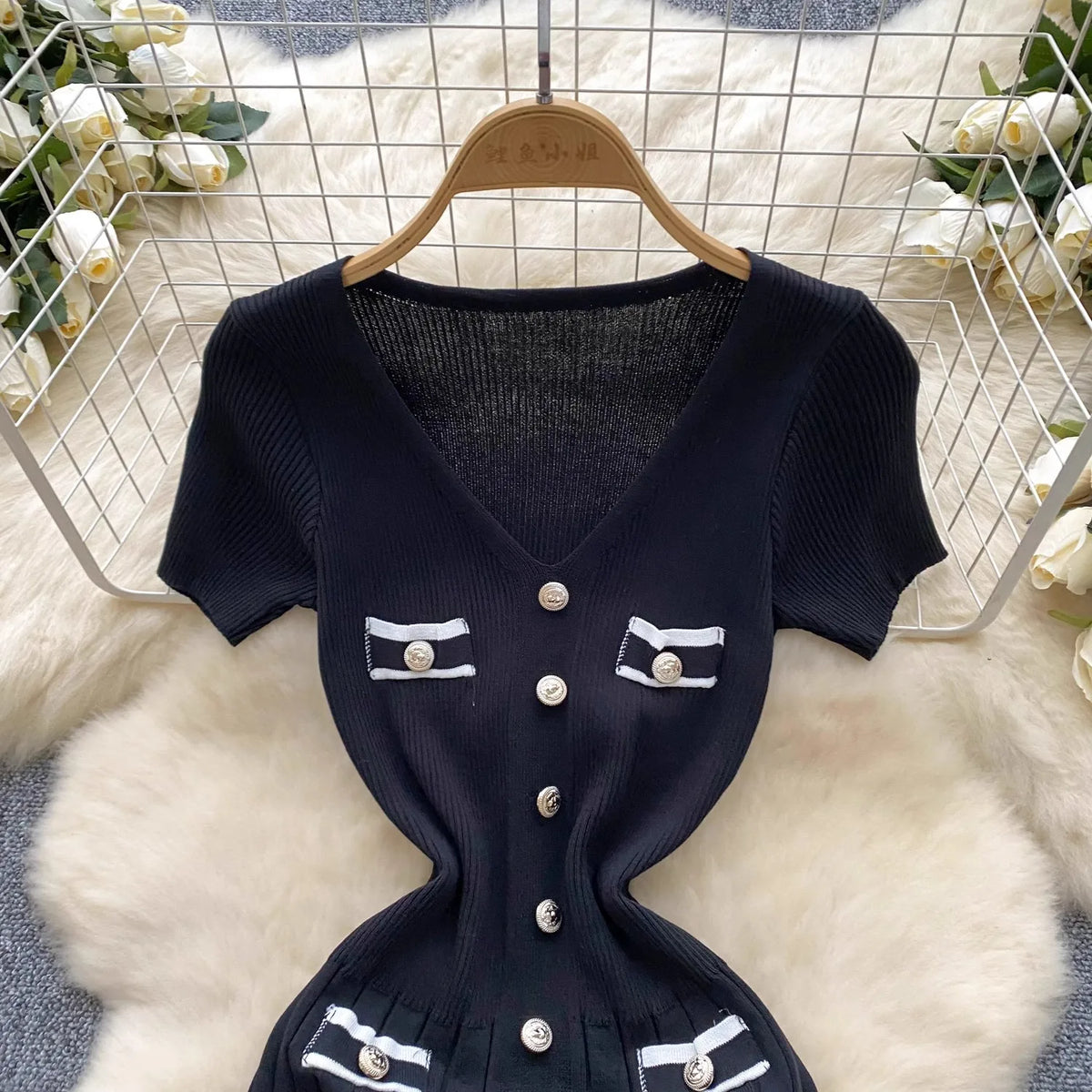 Stretch Knit V-Neck Button Bodycon Dress