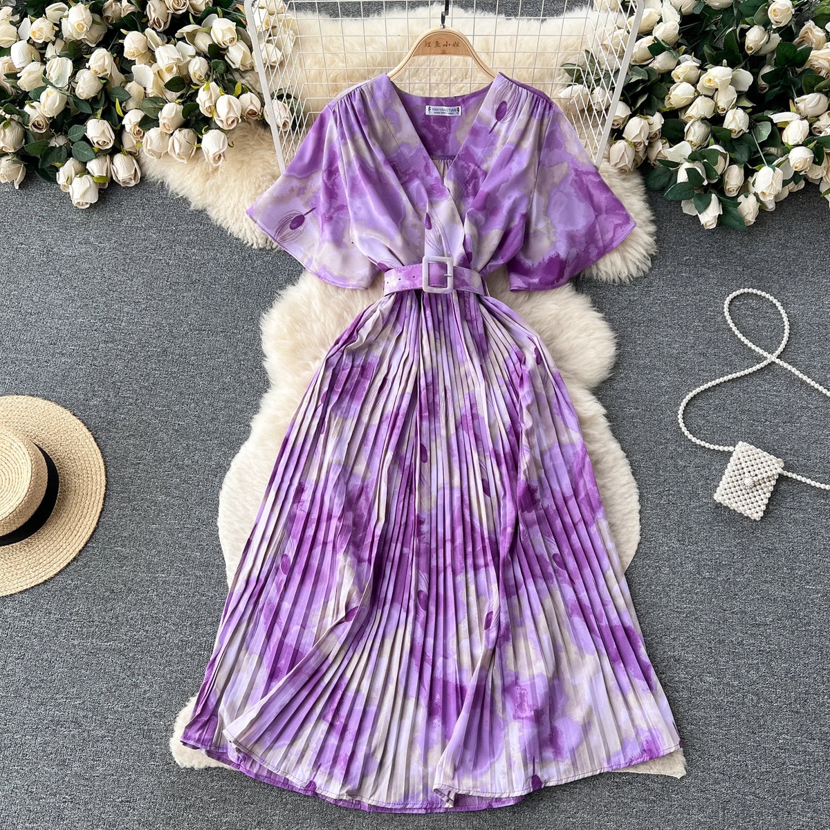 Tie Dye Chiffon V-Neck Dress