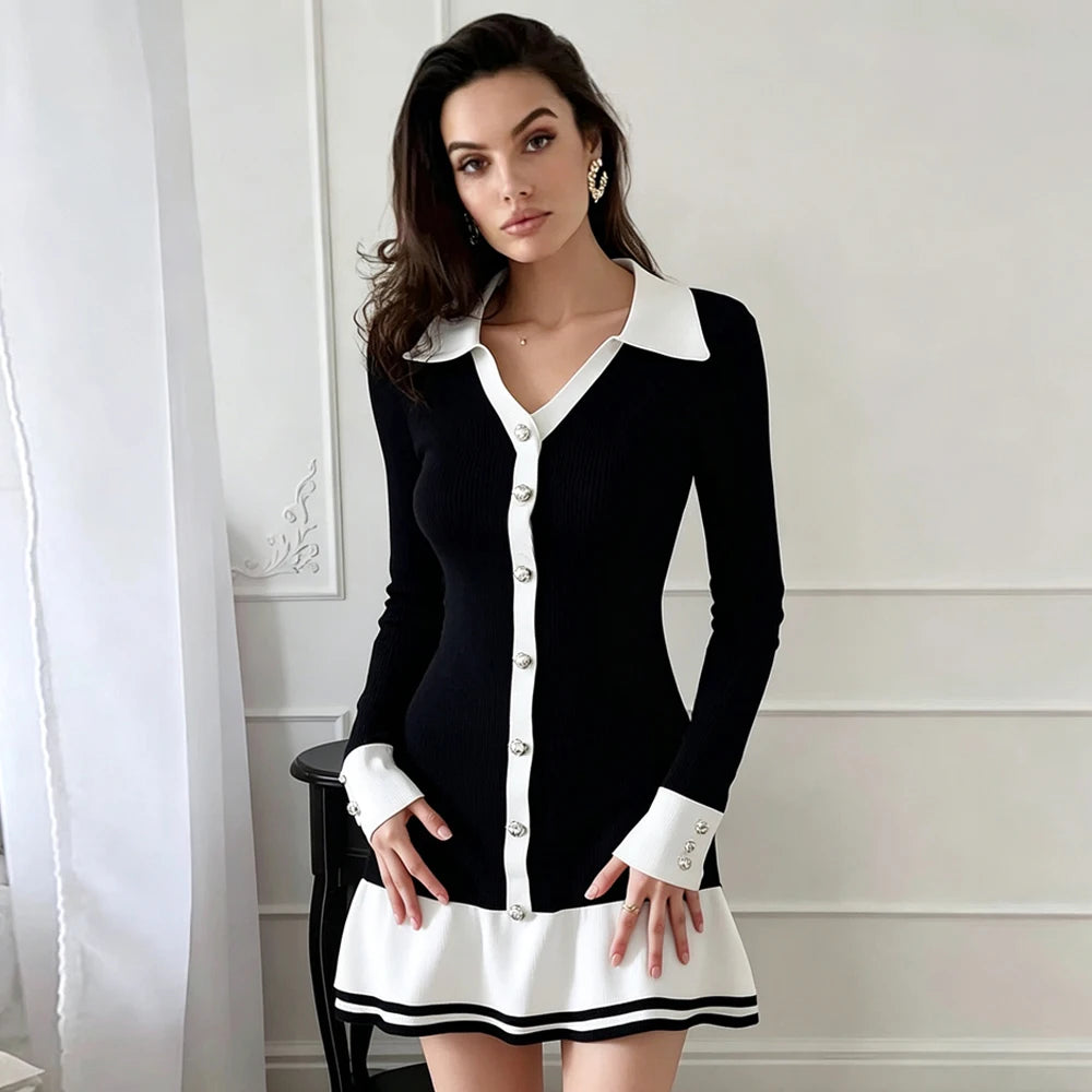 Black And White Patchwork Knit Mini Shirt Dress