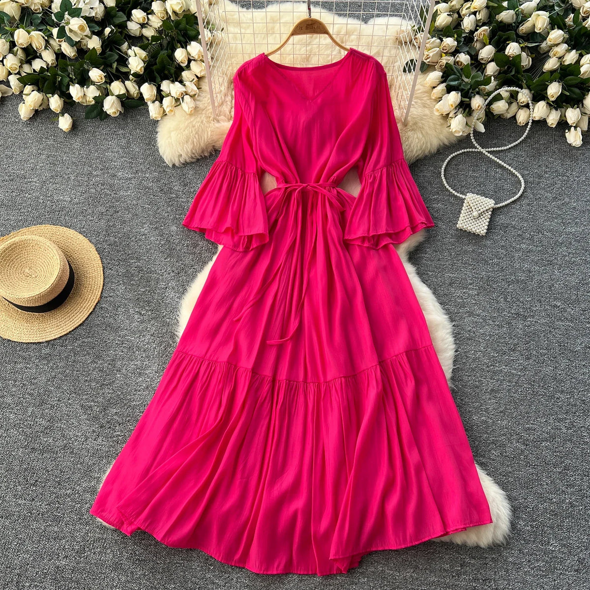 Print Ruffle Flare Sleeve Maxi Dress