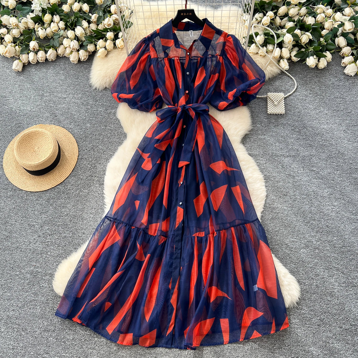 Boho Print Puff Sleeve Button Sundress